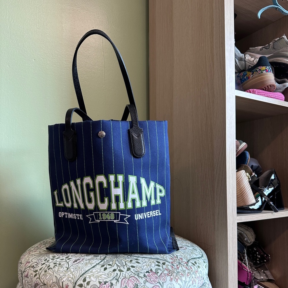 Longchamp Navy and Lime Striped Tote